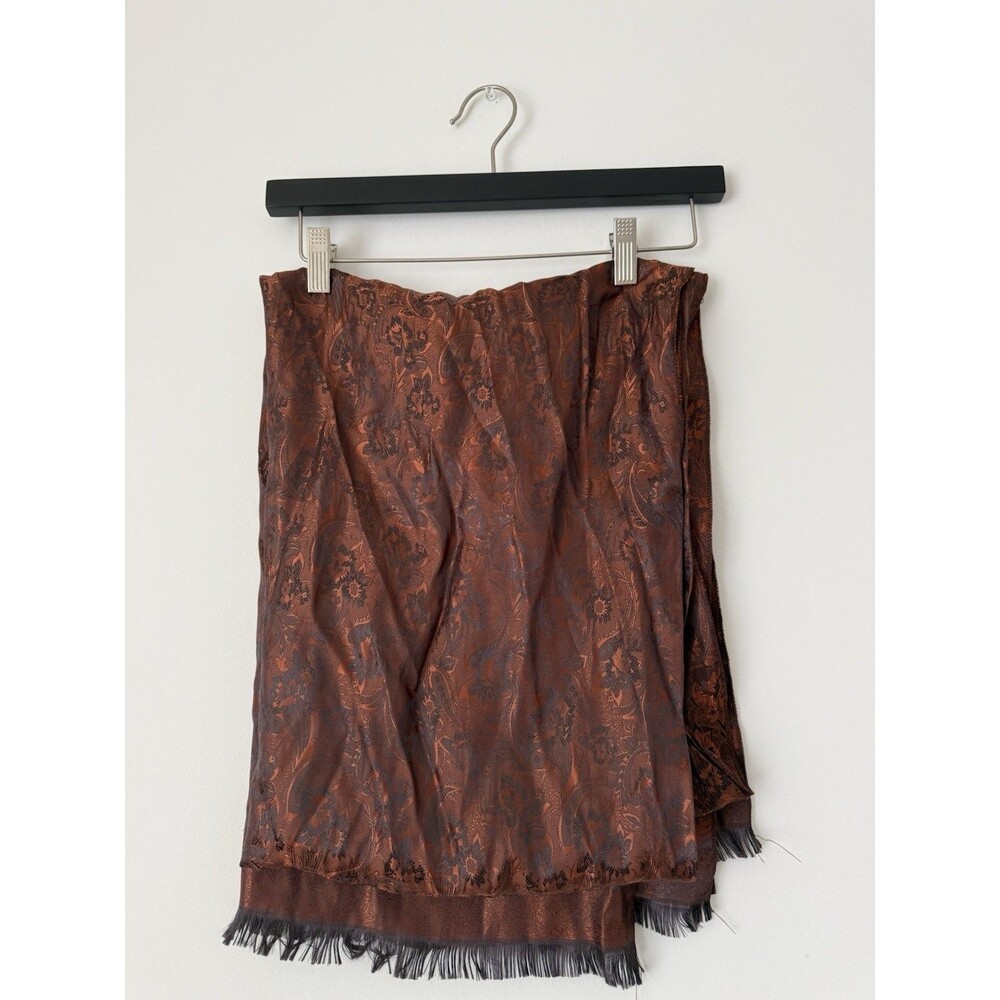 100% Silk Paisley Scarf Shawl Brown Copper Black Floral Fringe Wrap